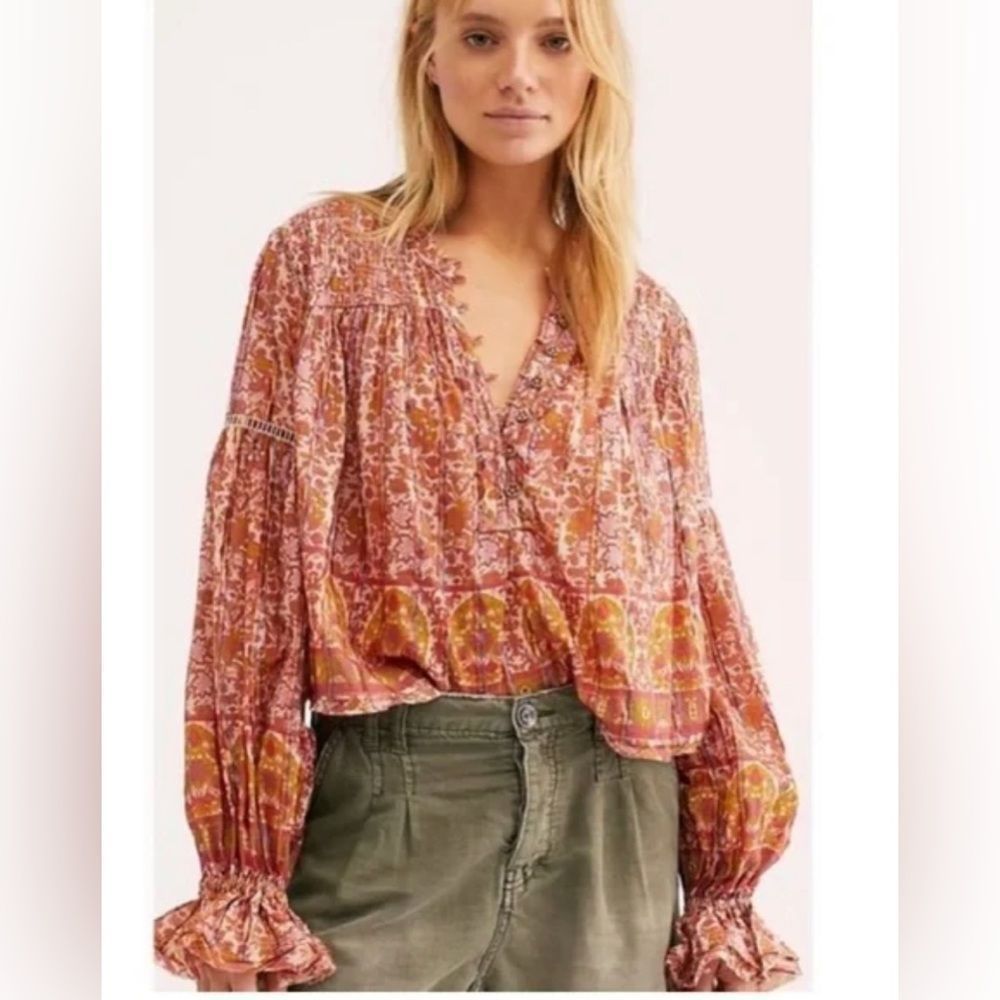 Free People Metallic floral autumn peasant shirt
